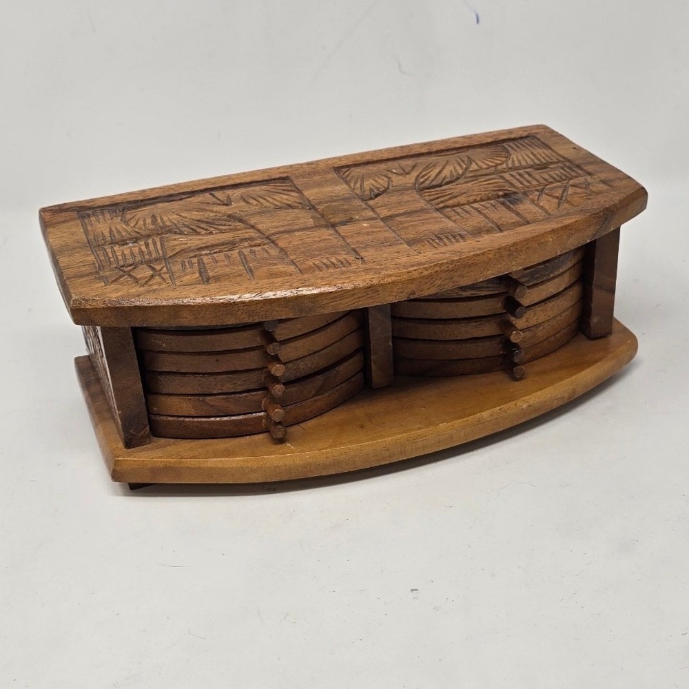 Vtg wood carved enclosed case w/12 Coasters, slide out coasters barware Kitsch